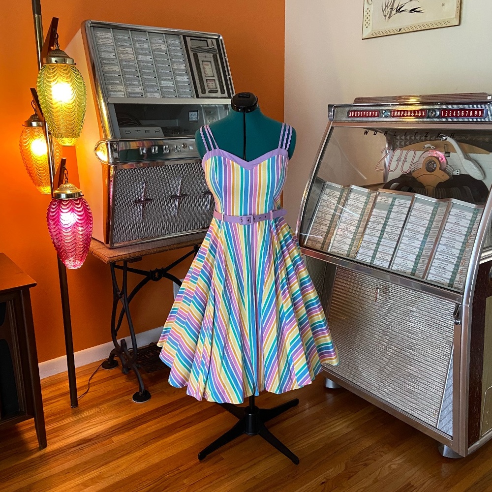 Collectif Nova Rainbow Stripe Swing Dress - Sz. L